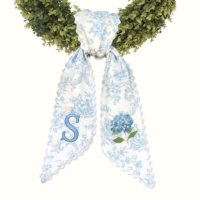 Personalized Hydrangea Wreath Sash with Embroidered Monogram, Custom Wreath Ribbon for Front Door, Holiday Home Decor (Hydrangea HPPP03)