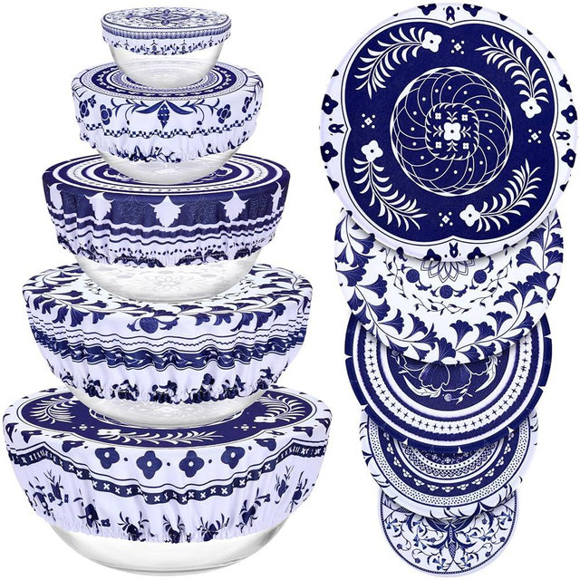 5 Pieces Bowl Covers Reusable, 5 Size Stretch Cloth Bowl Covers for Bread Proofing Cotton Fabric Elastic Bowl Covers Reusable Food Covers Washable for Food Fruits Leftover (Blue)