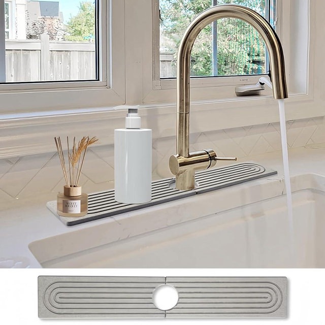 Stone Faucet Mat for Kitchen Sink- 15.6''x 3.9''Diatomite Fast-Drying Faucet Mat, Super Water Absorbing Stone Tray for Sink,Faucet Splash Guard for Bathroom Counter (Gray)
