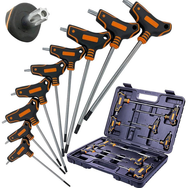 NordWolf 9-Piece T-Handle Torx Wrench Set, S2 Steel Long Arm Security Star Keys, Sizes T10 to T50 in Storage Box