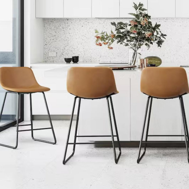 33.5 in. Whiskey Brown Faux Leather Height Bar Stools(Set of 3)