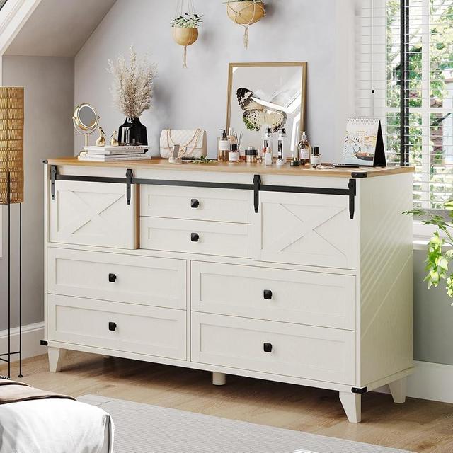 Hasuit Farmhouse 6 Drawers Dresser for Bedroom, Retro Chest of Drawers with Sliding Barn Door, Bedroom Long Storage Dressers Organizer, White
