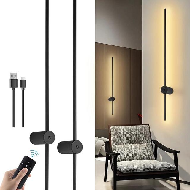 LED Wall Sconces Set of Two Battery Operated, USB Rechargeable Wall Lights Indoor, Dimmable Wall Lamp with Remote Control, 360° Rotation Wireless Lights for Living Room Bedroom Hallway, 39 inch Black