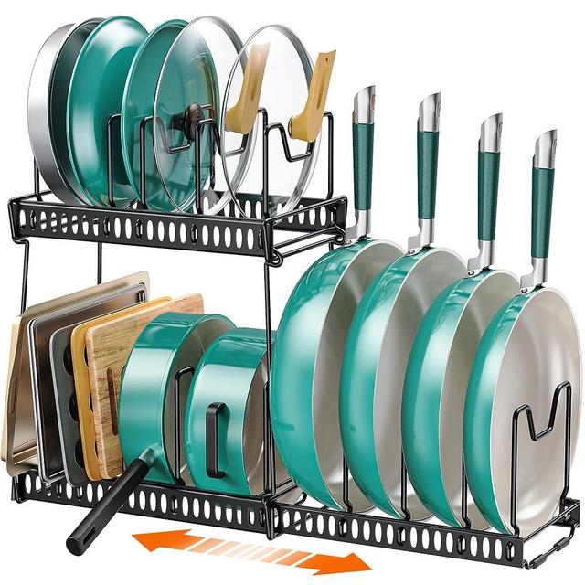MonaSixy Pots and Pans Organizer Under Cabinet, 14 Adjustable Divider Pot Lid Rack Organizer 3-Pack Kitchen Storage Pan Holder Organizer Inside Cabine for Cookware, Baking Sheet(Black)