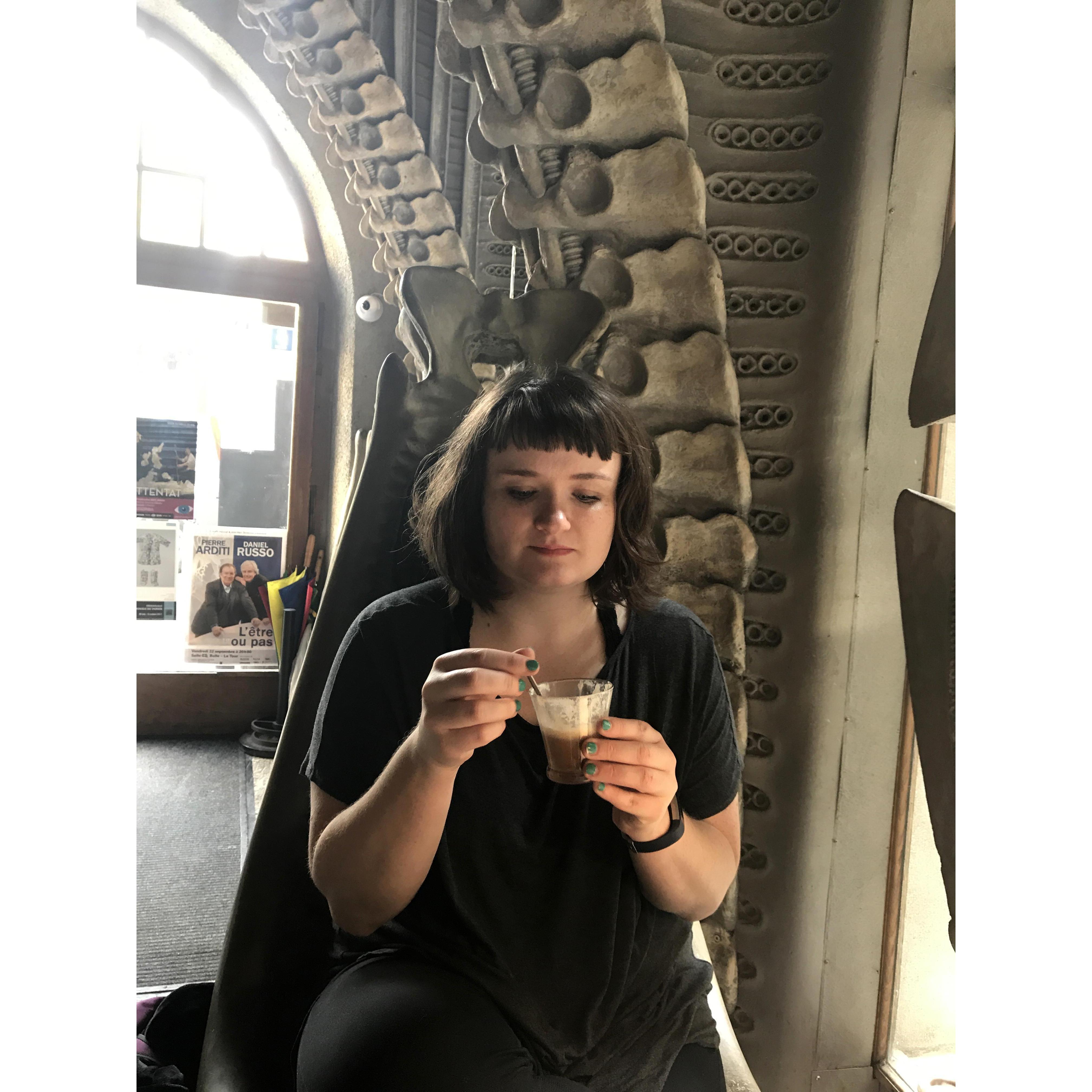 Catie at the H.R. Giger Alien Bar in Gruyères, Switzerland.