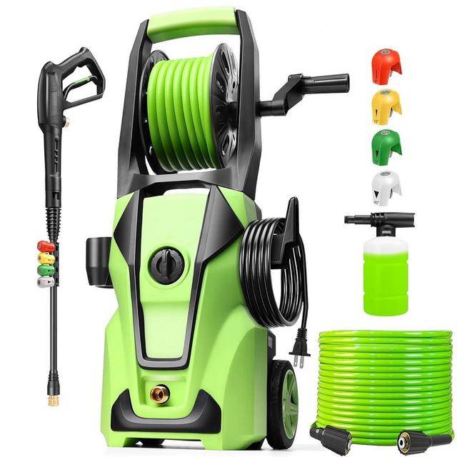 Commowner Electric Pressure Washer 5000 PSI 4.0 GPM Power Washers Electric Powered with 33ft Hose Reel, 4 Nozzle and Foam Cannon, Powerwashers Cleaner Machine for Home, Cars, Patio, Green
