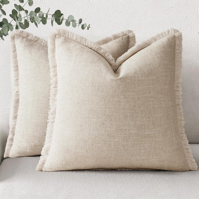 decorUhome Summer Decorative Neutral Linen Fringe Throw Pillow Covers Set of 2 Natural Beige Pillow Covers with Tassels Soft Farmhouse Boho Accent Pillow Cases for Couch Bed Sofa 18x18 Inch