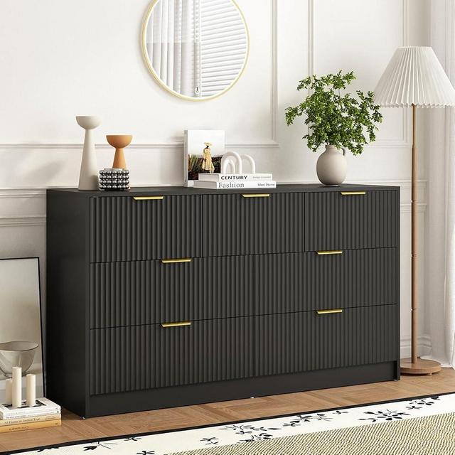 Sscaktu 7 Drawers Dresser for Bedroom,55" Wide Fluted Dresser with Deep Drawers, Modern Chest of Drawers, Wood TV Stand Storage Organizer for Closet, Living Room, Hallway, Black