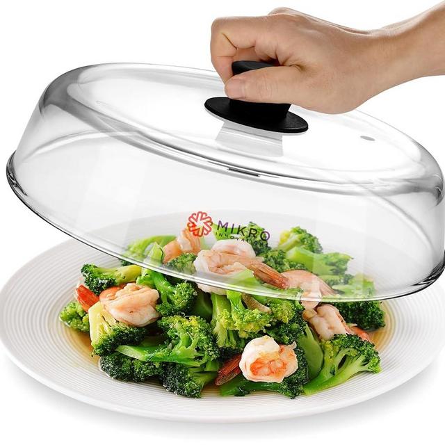 Microwave Glass plate cover for food - Sturdy Borosilicate glass splatter guard with vent hole - 100% Food Safe BPA free Easy Grip Silicone Knob and Dishwasher safe - 10.5in