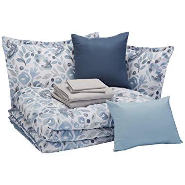 AmazonBasics 10-Piece Comfoter Bedding Set, Full / Queen, Blue Watercolor Floral, Microfiber, Ultra-Soft