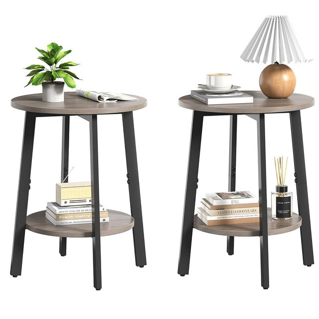 sthmec Side Table Set of 2, Small Round End Table with Storage Shelf for Small Space, 2-Tier Bedside Table Sofa Couch Table, Nighstands Set of 2 Accent Table for Living Room, Bedroom, Grey