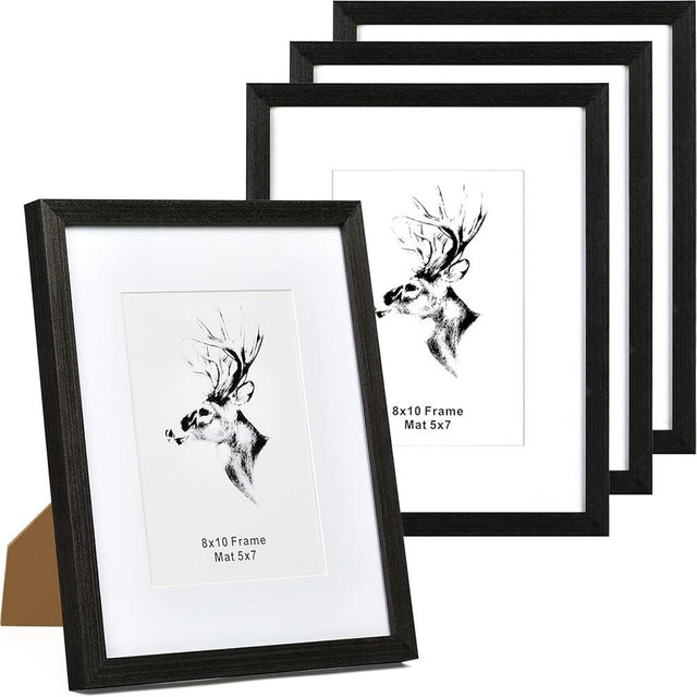 Yaetm 8x10 Picture Frame Set of 4, Solid Wood Photo Frames with Tempered Glass, Display 5x7 with Mat or 8 x 10 without Mat for Wall Mount and Tabletop (4 Pack, Anthracite Black)