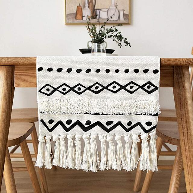 Monibana Boho Geometric Handmade Woven Tufted Tassels Coffee Table Runner Bohemian Moroccan Farmhouse Dresser Scarf for Bedroom Coffee Dining Table Decor Black and White 86 Inch