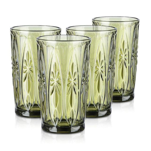 Joeyan Green Vintage Drinking Glasses,Embossed Highball Water Glass Tumbler with Floral Design,14oz Colored Decorative Glassware for Beverages Juice Whisky Cocktail Beer Wine,Set of 4,Dishwasher Safe