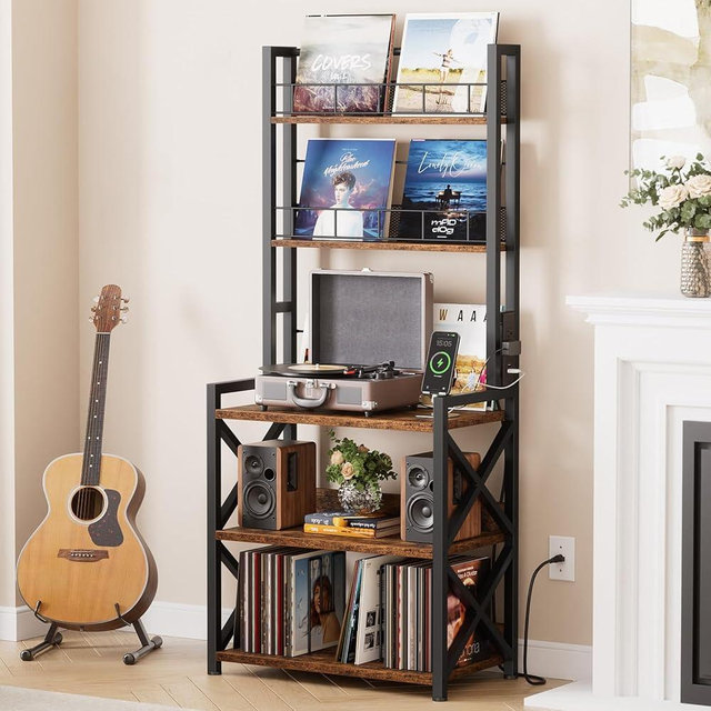 Epouseter Record Player Stand with Power Outlet, 5-Tier Vinyl Record Storage Rack with Turntable Stand, LP Album Organizer & Display Rack, Media Storage Cabinet for Living Room Bedroom Music Corner
