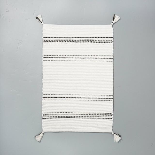 Tonal Stripes Bath Rug with Corner Tassels Sour Cream/Railroad Gray - Hearth & Hand™ with Magnolia