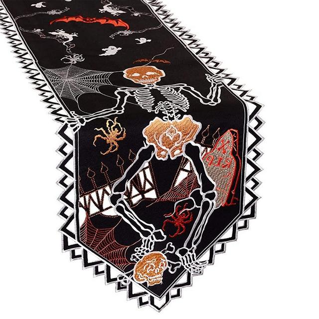 Simhomsen Embroidered Spooky and Scary Skeleton Table Runner for Halloween (14 × 69 inches)