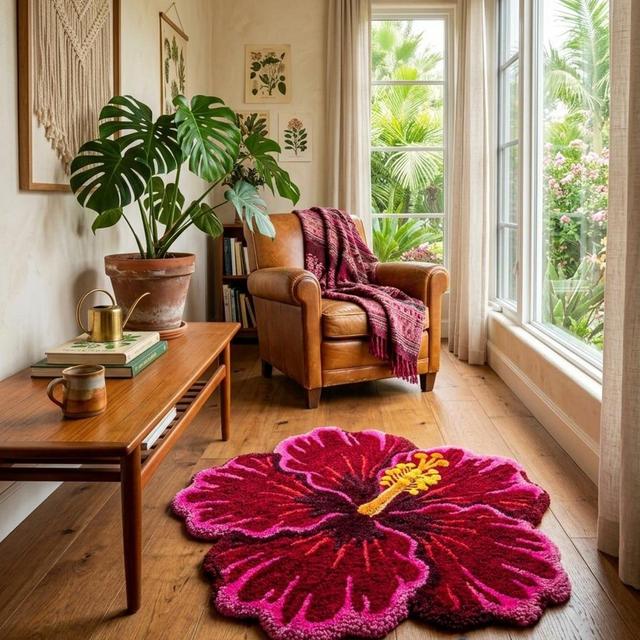 Handtufted Hibiscus Flower Rug, Pink Botanical Wool Carpet, Tropical Accent Decor