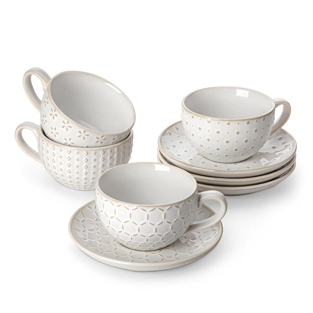 MALACASA 8 OZ Cappuccino Cups with Saucers Set of 4 - Ceramic Stackable Tea Cups and Saucers, Embossment Coffee Mugs for Tea, Latte and Mocha, Dishwasher Safe, Arctic white