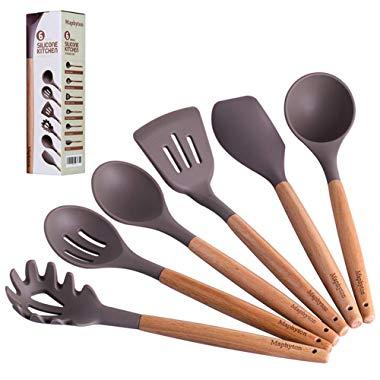 Silicone Cooking Utensils, 6 Pieces Nonstick Heat Resistant Kitchen Utensil Set BPA Free with Natural Wood Handle by Maphyton (6, Grey)