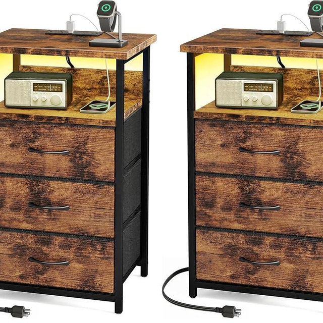 Fixwal Night Stand with Charging Station, LED Nightstand with Fabric Drawers, End Table with PU Finish, Bed Side Table, Rustic Brown (Pack of 2)