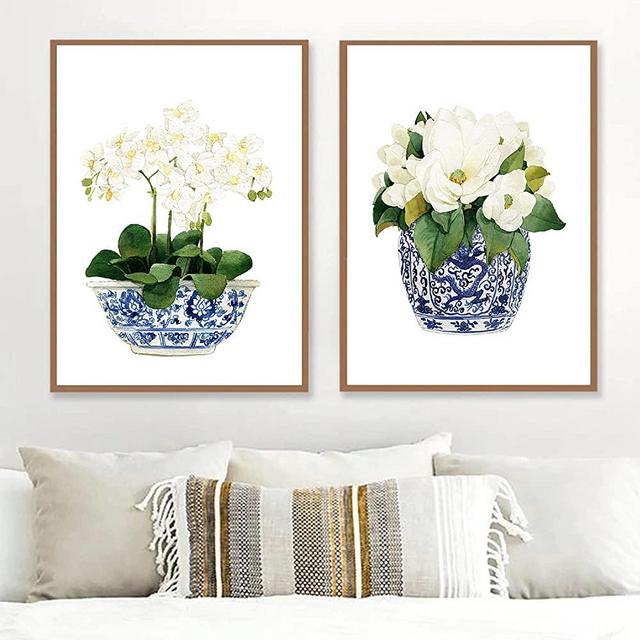 VLOLIFE White Orchid & Magnolia Watercolor Chinoiserie Decor Canvas Print Oriental Vase Blue White Willow Style Porcelain Flower Jar No Frame, 16X24inchX2 Unframed