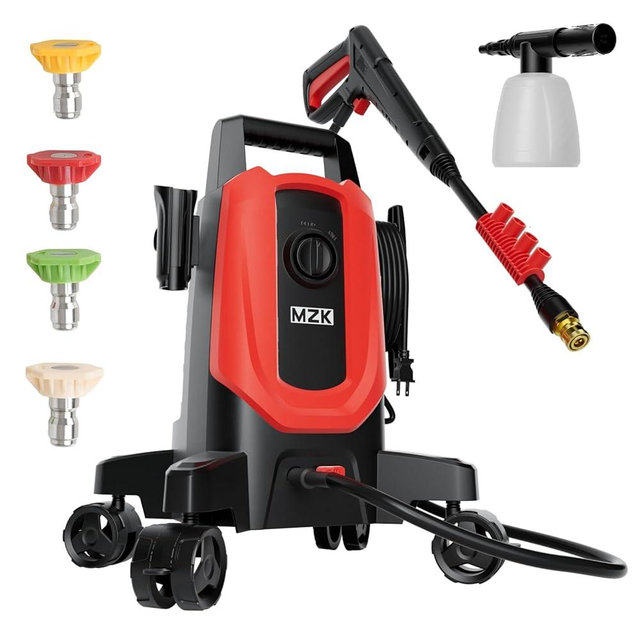 MZK Electric Pressure Washer, 3.0GPM Power Washer with 360° Lockable Wheels and 4 Quick-Connect Nozzles, Foam Cannon for Easy Replacement, High-Pressure Cleaning of Cars, Fences, Driveways