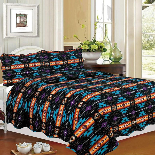 Nu Trendz Signature Reversible 3 Piece Quilt Set King Black Native American Tribal Collection Microfiber Soft Coverlet Bedspread Set, Lightweight Bed Couch Cover Blanket (1 Quilt 2 Pillow Shams)