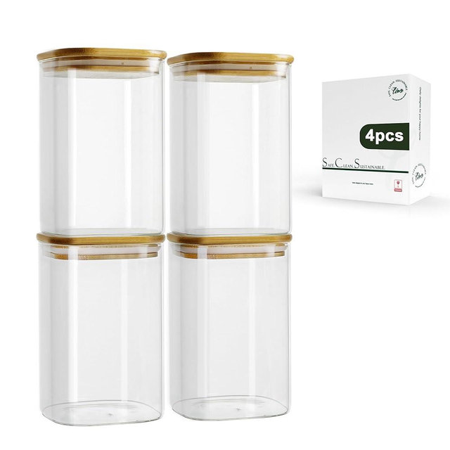 LIBWYS 4-Pack Glass Pantry Storage Containers with Bamboo Lids1.22Qt - Stackable Square Food Jars for Pantry Organization, Coffee, Flour, Snacks, Tea | Kitchen Canisters Set