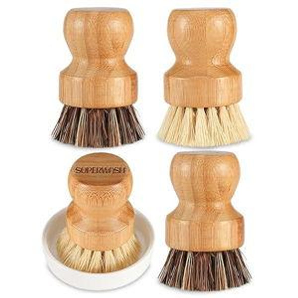 Bamboo Scrub Brush Clean Pan, Dish and Vegetable, Natural Bristles Palm Pot Brush 4 Pack Round Mini Dish Brush with Ceramic Holder for Kitchen Sink Cleaning