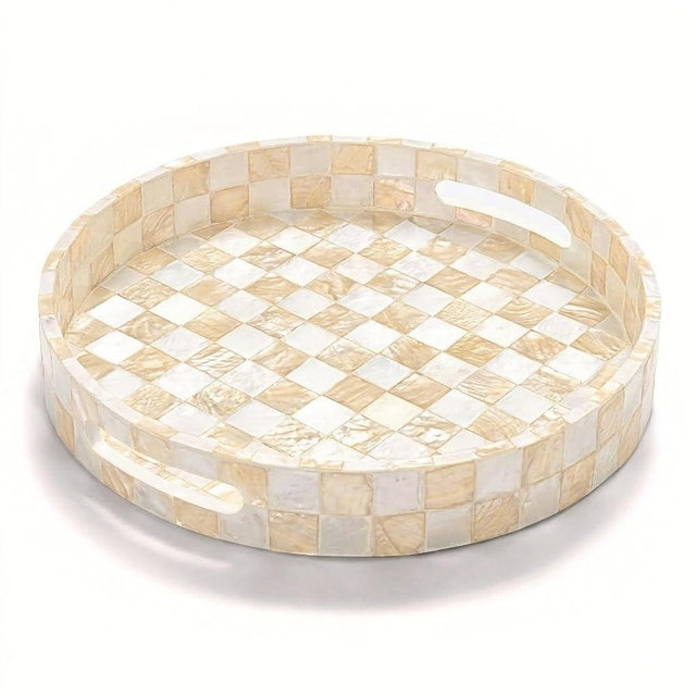 CHI AN HOME 12.6 Inch Capiz Shell Round Decorative Tray with Handles, Large Round Decorative Tray for Coffee Table Decor, Decorative Tray for Living Room, Dining Table Centerpiece (Ivory)