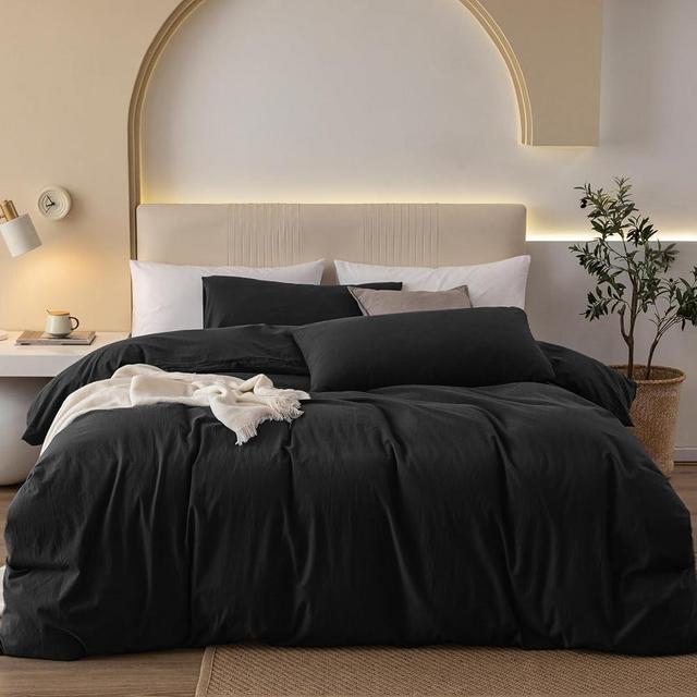 JIYUAN 100% Washed Cotton Duvet Cover Set Comfy Simple Style Soft Breathable Textured Durable Linen Feel Bedding for All Seasons Queen, Solid Black