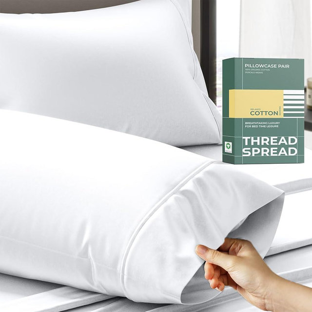 THREAD SPREAD 100% Organic Cotton Pillow Cases Set of 2 Queen/Standard Size - Soft, Cooling, Crisp & Breathable Organic Cotton Percale Weave Pillowcase for Queen Pillow (White), GOTS Certified