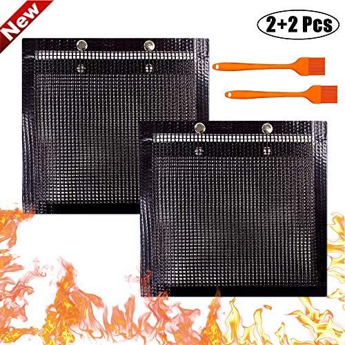 YBB 2 Pcs BBQ Grill Mesh Bag with 2 Pcs Silicone Brush, Non-Stick Large BBQ Baked Grilling PTFE Bag Heat-Resistant Reusable Easy to Clean Mesh Backing Bag for Outdoor Picnic Cooking Barbecue