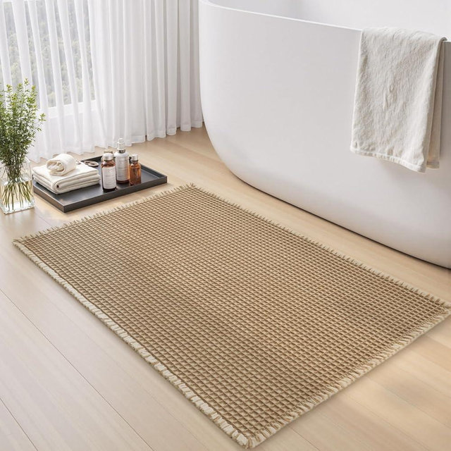 Premium Waffle Bath Mat, Super Absorbent Non Slip Bath Mats for Bathroom Floor Two-Color Woven Bathroom Mat Machine Washable Bathroom Rugs with Tassel, Beside Tub Bath Rug, Brown & Cream, 17'' × 24''