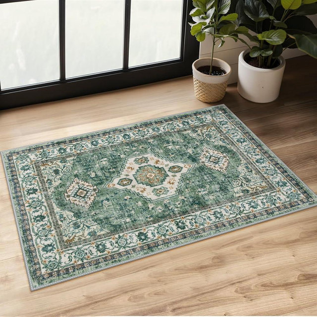 Lahome Oriental Small Rug for Entryway- 2x3 Rug Non Slip Door Mat Indoor Entrance Ultra-Thin Vintage Kitchen Rugs Non Slip Washable, Soft Bathroom Rug for Bedroom Front Door, Green/Multi
