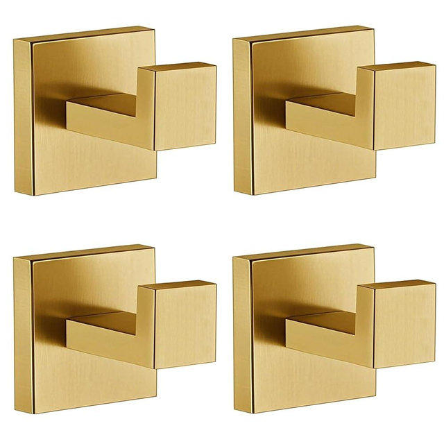 Towel Hooks for Bathrooms, Brushed Gold Towel Hook for Kitchen Bathroom, SUS304 Stainless Steel Coat Hook, Square Heavy Heavy Duty Robe Hooks for Hanging Towels,Coats,sponges,Wall Mount, 4 Pack