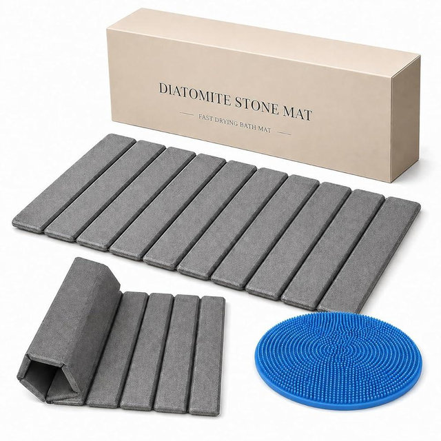 Foldable Stone Bath Mat | 23.6" x 15.4" Diatomaceous Earth Bath Mat | Anti-Slip Rubber Backing | Super Absorbent, Non-Slip & Fast-Drying Diatomite Bathroom Mat for Shower, Tub & Sink Area | Dark Grey