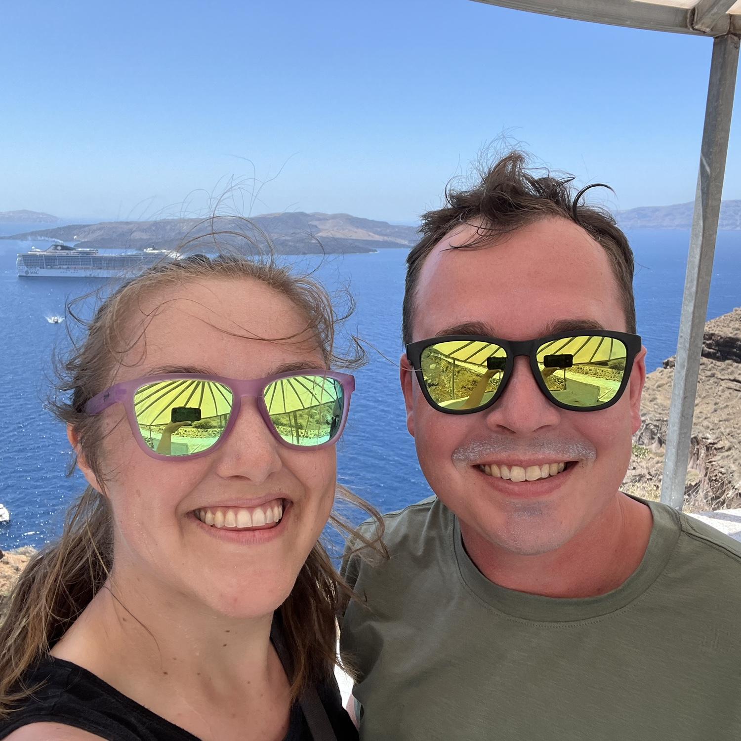 Mid-hike up 600 steps to the top of Santorini.