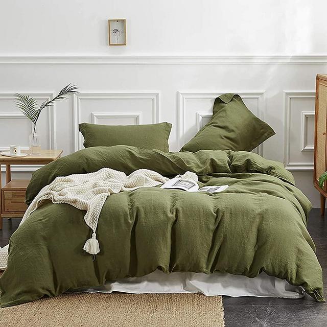 Simple&Opulence 100% Linen Duvet Cover Set with Washed-Belgian Flax-3 Pieces Solid Color Basic Style Bedding Set-Breathable Soft Comforter Cover with 2 Pillowshams (Olive Green, King)