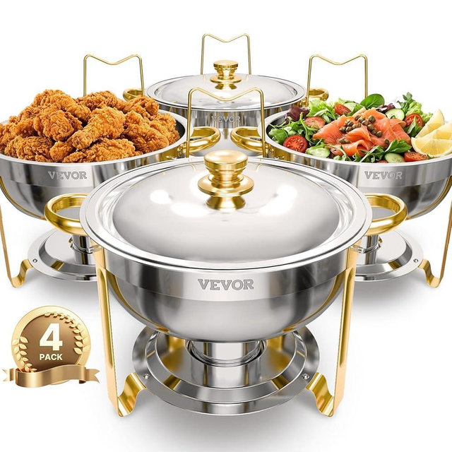 VEVOR Chafing Dish Buffet Set, 5 Qt 4 Pack, Stainless Steel Chafer with 4 Full Size Pans, Round Catering Warmer Server with Lid Water Pan Folding Stand Clip, for Weddings Parties Banquets, Gold