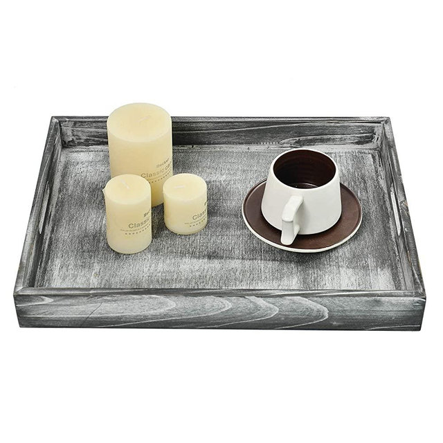 Rustic Distressed Wood Food Breakfast Serving Tray Octagon Serving Tray in Bed with Cutout Carrying Handles Coffee Office Desktop Document Holder Home Kitchen (grey)