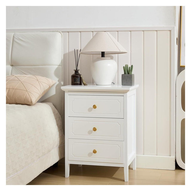 TYBOATLE White 3 Drawer Nightstand, Wood Night Stands Side Table With Extra-large Storage Space for Living Room, Bedroom