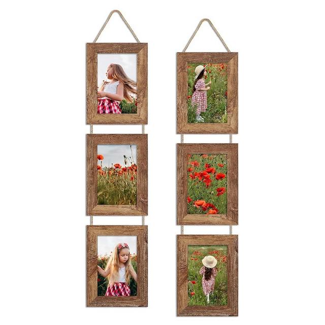 ccdcc 4x6 Collage Picture Frames Set of 2, Rustic Wooden Real Glass Vertical Hanging 3 Opening 4 by 6 Photo Frame, Rustic Brown