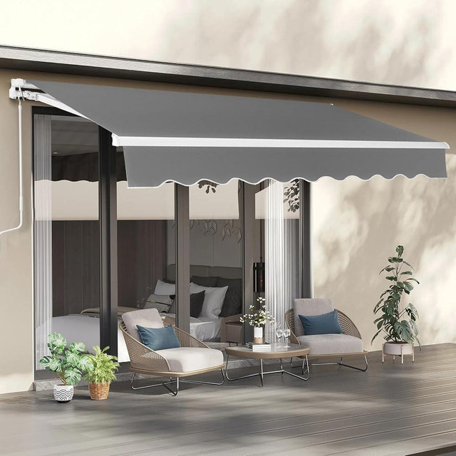 VINGLI 12' x 10' Retractable Awning for Patio Awning Door Awning with Manual Crank Handle, Aluminum Frame Door Canopy UV Resistant (Grey)