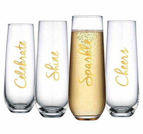 Elegant Home Set of Four (4) Stemless Gold Script Flutes Wine Glass