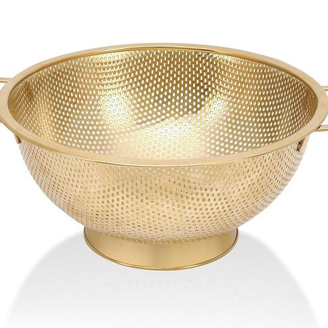 Gold Strainer for Kitchen, 3QT, Stainless Steel Colander with Handle for Fruits Vegetables Cooking Food, Dishwasher Safe