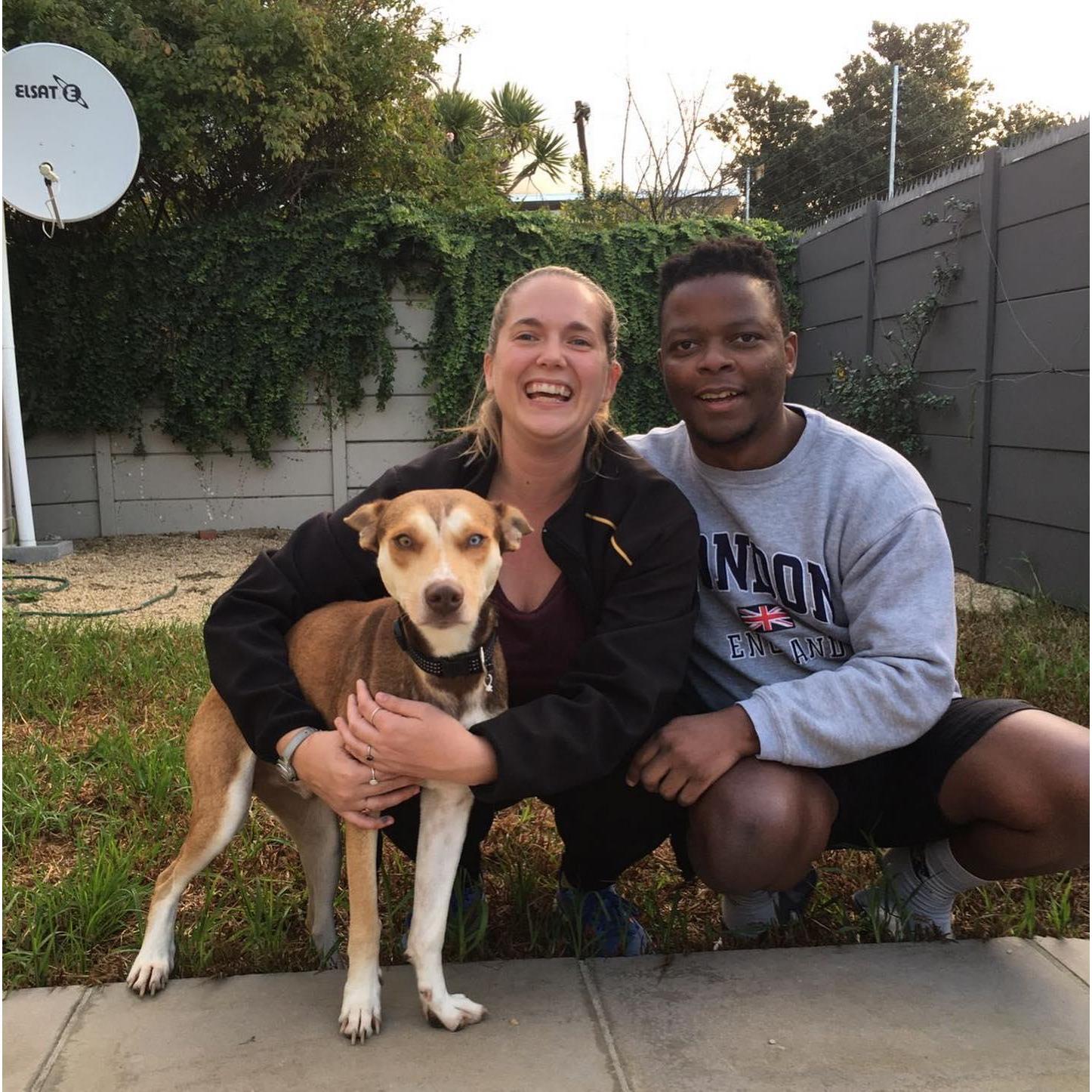 In our new backyard with our rescue pup, Buzz!