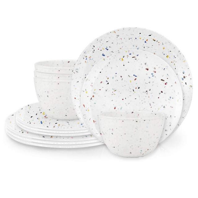 Zak Designs Confetti Melamine Dinnerware 12 Piece Set Service for 4 Includes Dinner Plates, Salad Plates, and Individual Bowls, BPA Free Durable and Eco-Friendly (White)