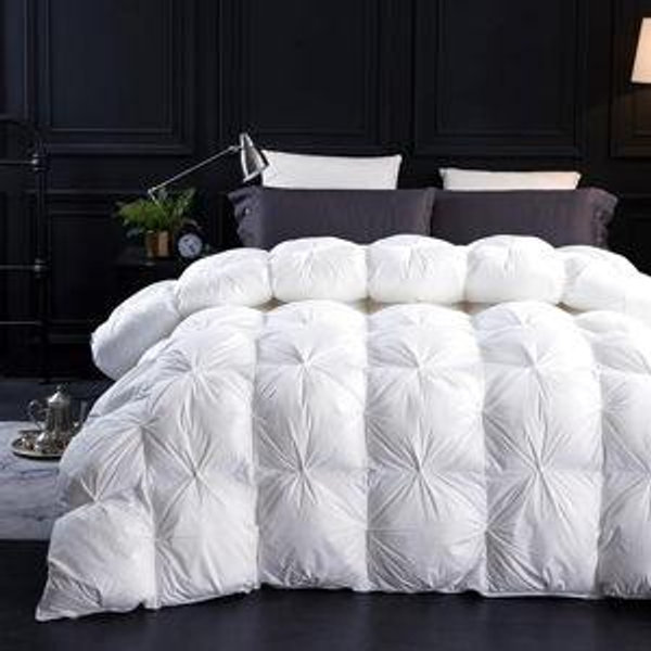 Three Geese King Size Pinch Pleat Duck Feather Down Fiber Comforter - All-Season Down Duvet Insert Fluffy Baffle Box Design with 8 Corner Loops for Warmth and Softness.